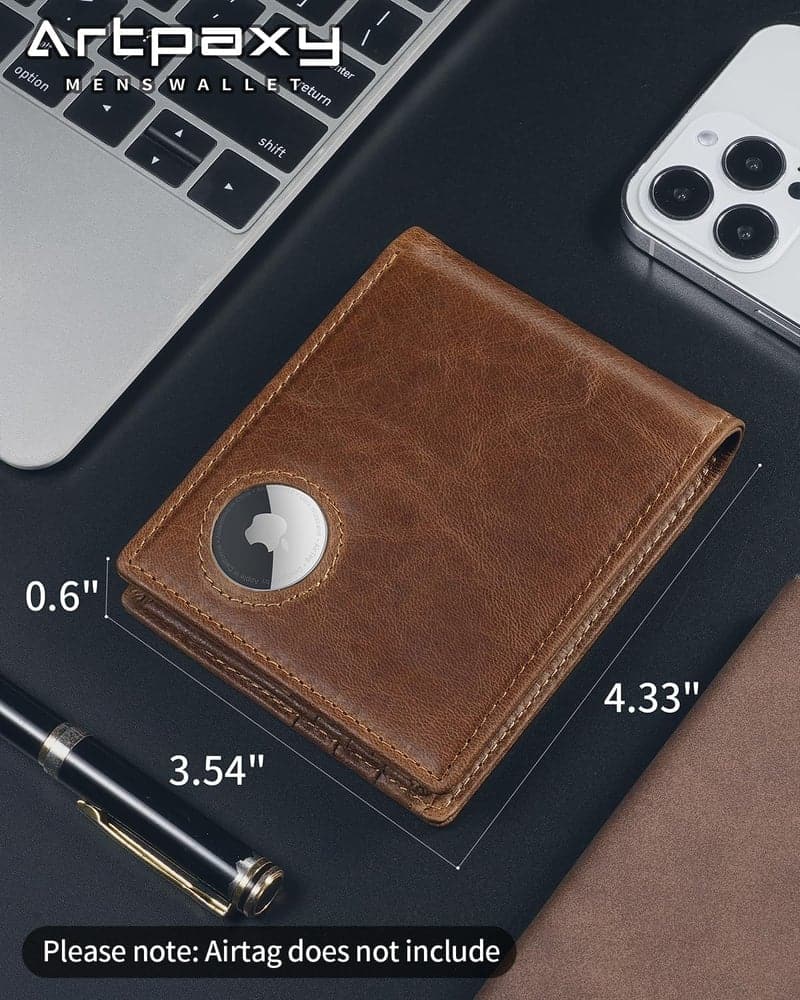 Men's RFID Leather Wallet with AirTag Holder and Gift Box