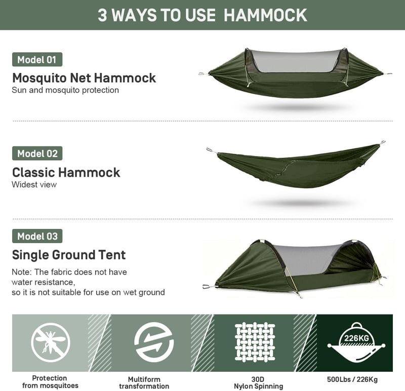 Camping Hammock with Mosquito Net & Tree Straps, Portable & Durable