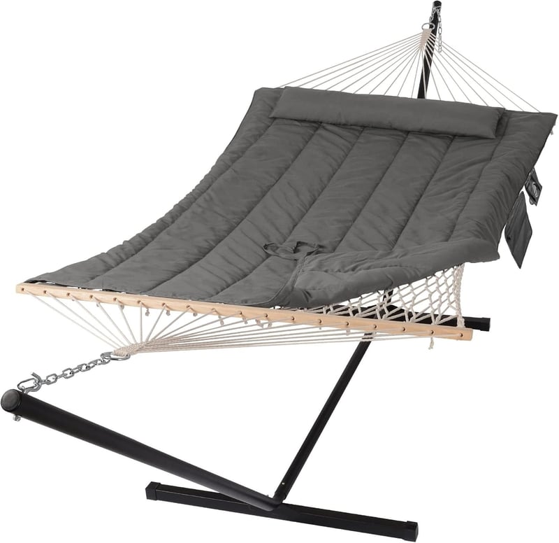 Double Outdoor Hammock with Stand, Cotton Rope & Pad, Dark Gray