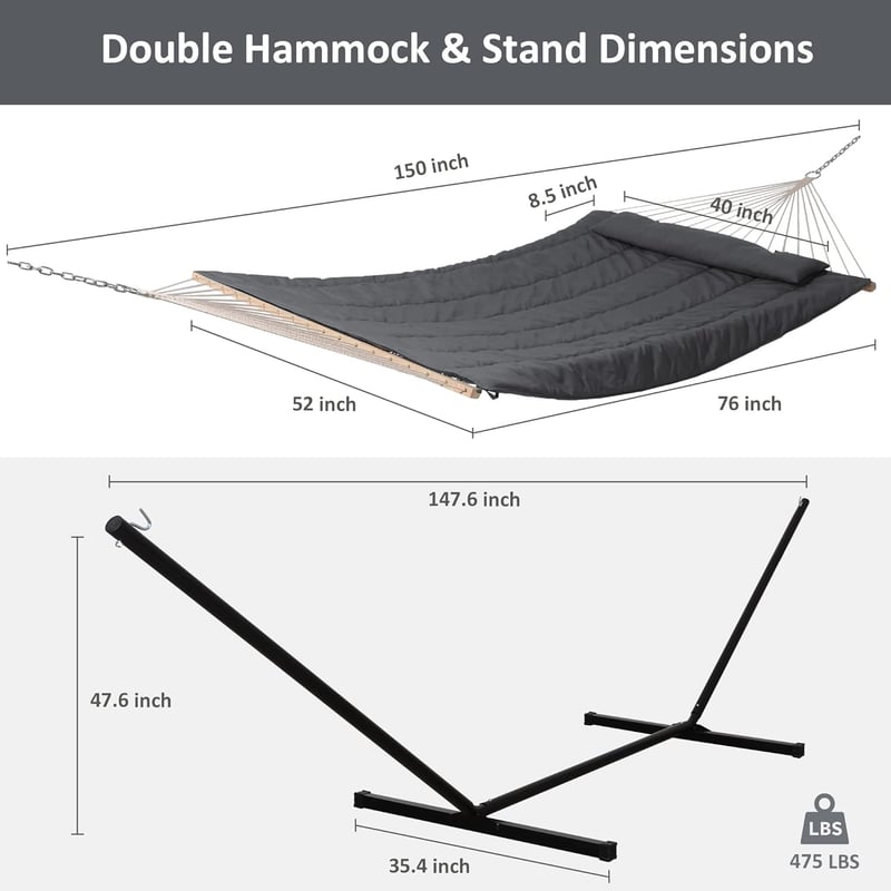 Double Outdoor Hammock with Stand, Cotton Rope & Pad, Dark Gray