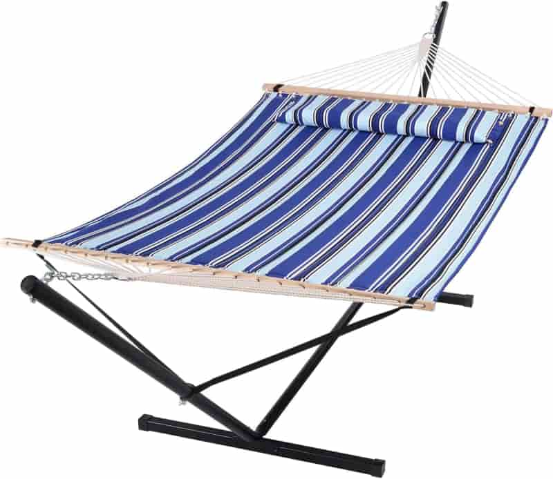 Two-Person Outdoor Hammock with Stand, 475lbs Capacity, Blue Stripes