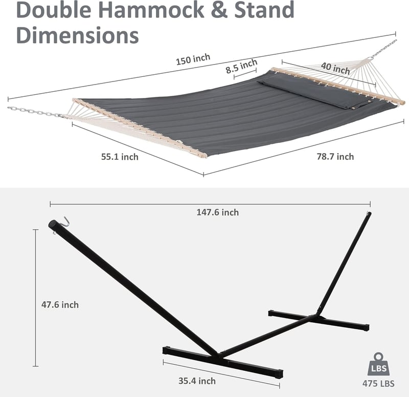 2-Person Dark Grey Hammock with Stand, 475 lbs Capacity