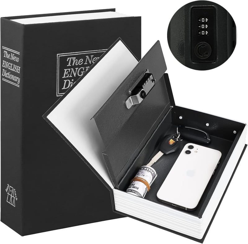 Book Safe with Combination Lock, Large Hidden Metal Box, Black