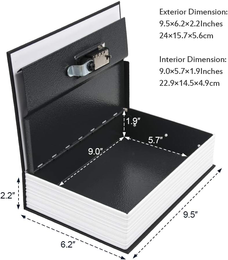 Book Safe with Combination Lock, Large Hidden Metal Box, Black