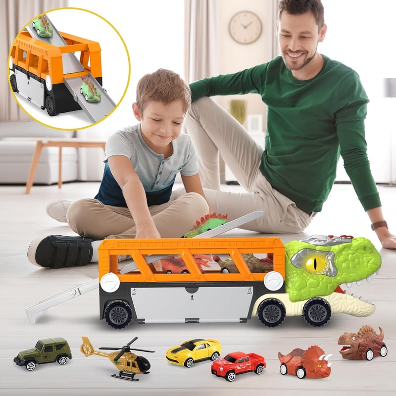 Dinosaur Truck Toy with Pull-Back Cars & Lights, Boys Birthday Gift