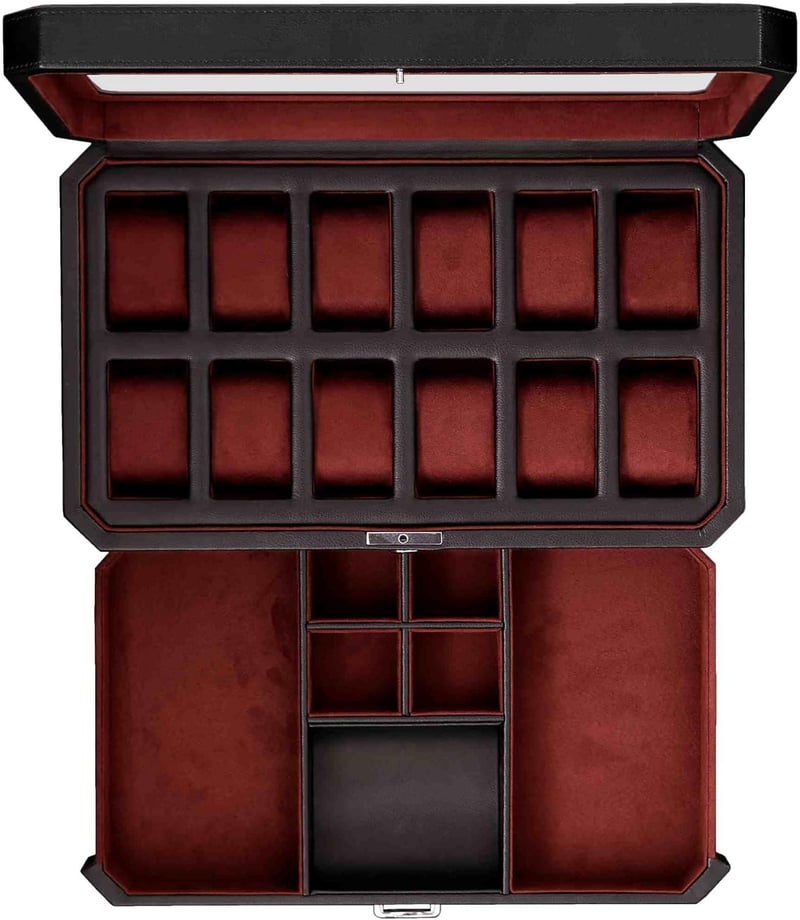 Men's Watch Box with Valet Drawer, 12-Slot Leather