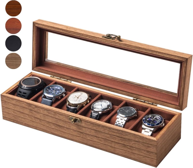 Wooden Watch Box with 6 Slots and Glass Lid