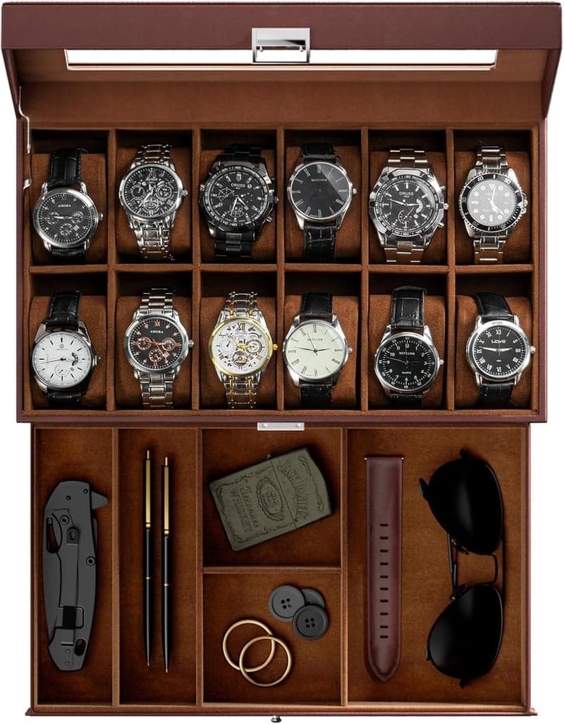Men's 12-Slot Espresso Watch Box with Glass Lid