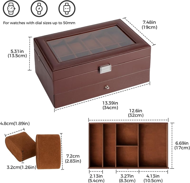 Men's 12-Slot Espresso Watch Box with Glass Lid
