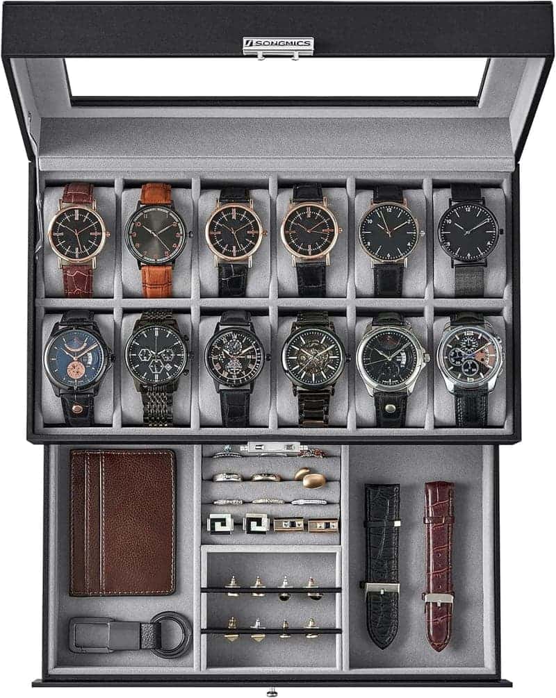 Lockable Watch Box with Drawer, Black Leather