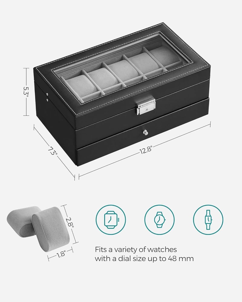 Lockable Watch Box with Drawer, Black Leather