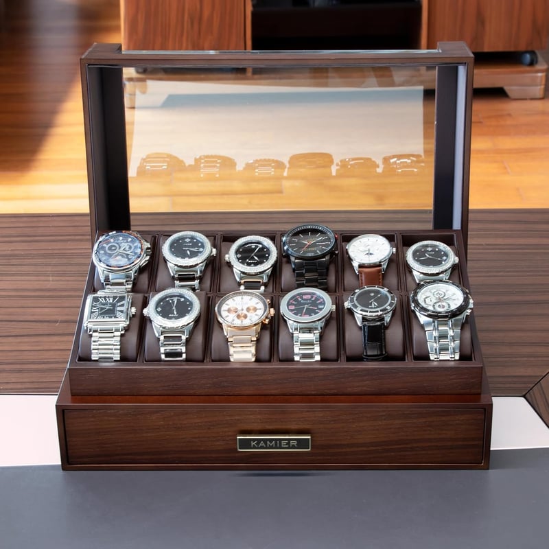 Men's Wooden Watch Box, 12-Slot Display with Drawer & Glass Lid
