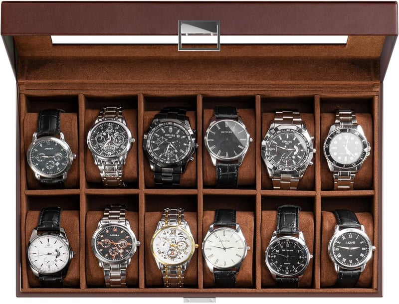 12-Slot PU Leather Watch Box with Glass Lid for Men & Women