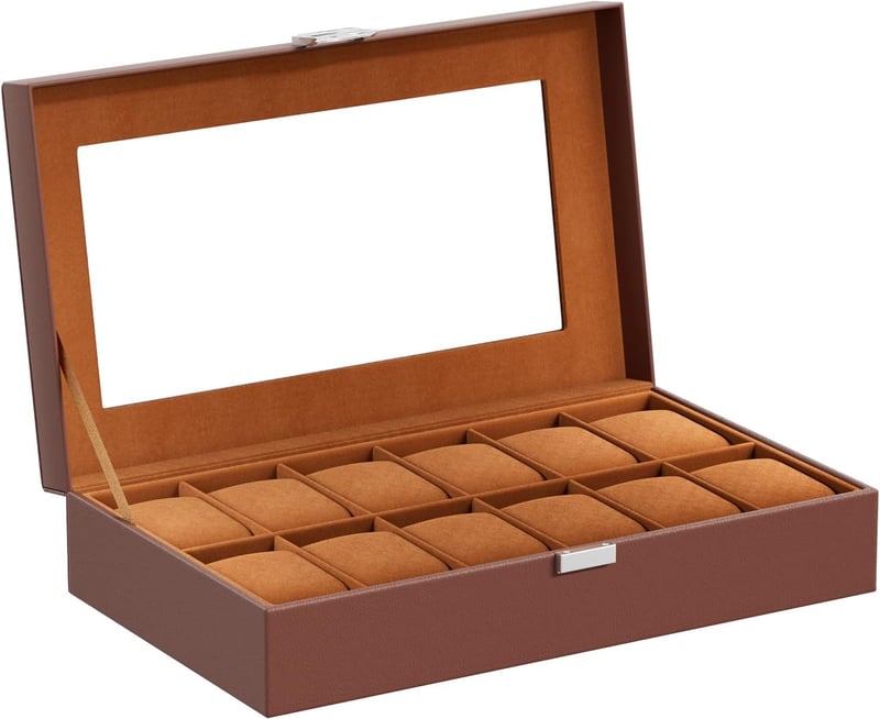 12-Slot PU Leather Watch Box with Glass Lid for Men & Women