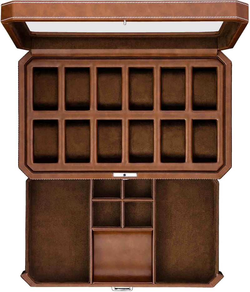 Men's Leather Watch Box with Valet Drawer - Tan/Brown