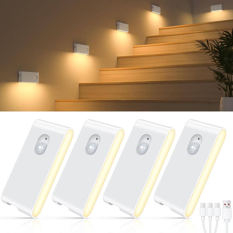 Rechargeable Motion Sensor Stair Lights, Warm White, 4-Pack
