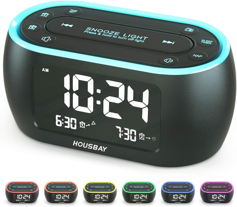Dual Alarm Clock Radio with 7-Color Night Light & USB Charger