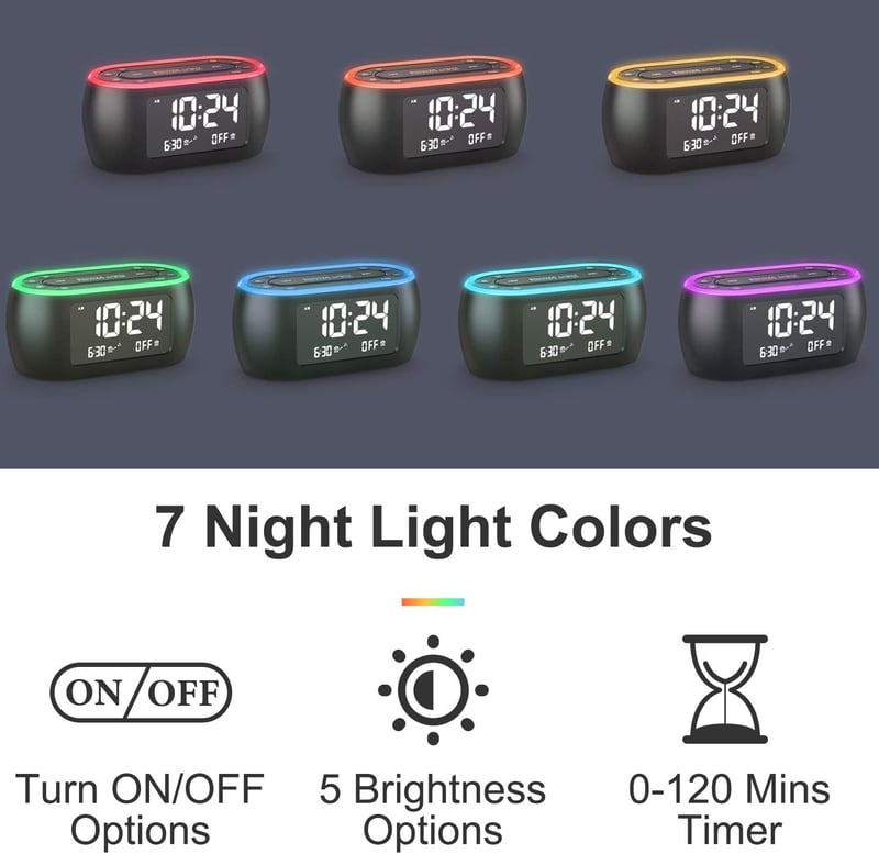 Dual Alarm Clock Radio with 7-Color Night Light & USB Charger