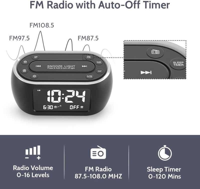 Dual Alarm Clock Radio with 7-Color Night Light & USB Charger