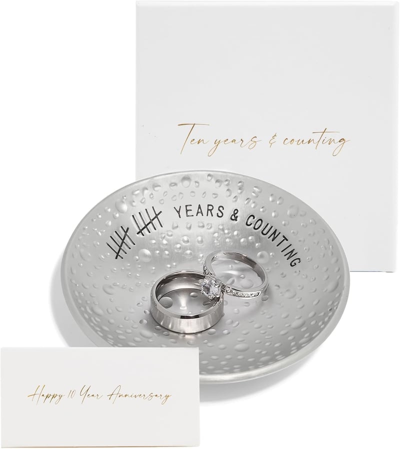 10th Anniversary Tin Ring Holder Dish with Engraved Aluminum