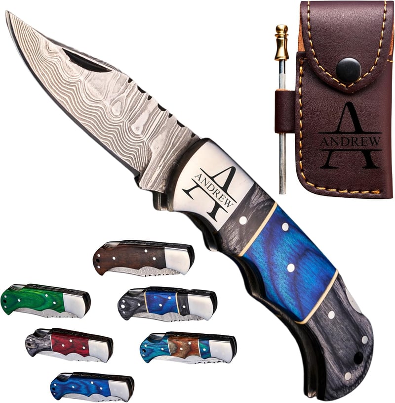 Father's Day Damascus Folding Knife with Wood Handle