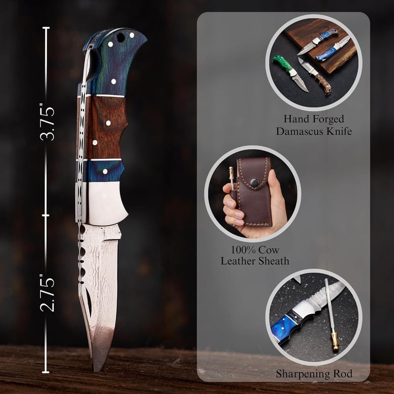 Father's Day Damascus Folding Knife with Wood Handle