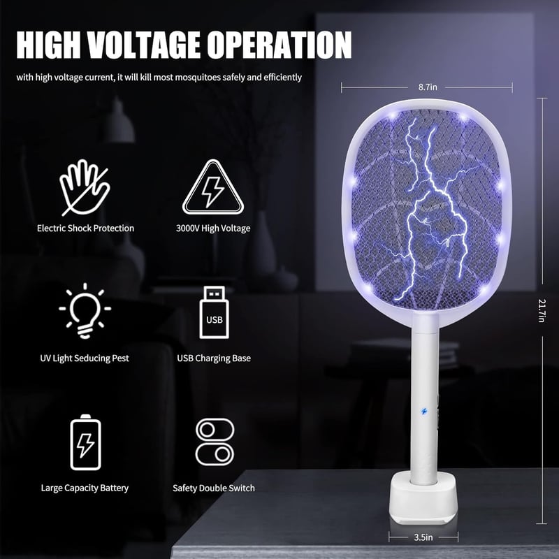 Electric Bug Zapper Racket, 3000V Handheld USB-Rechargeable Fly Swatter