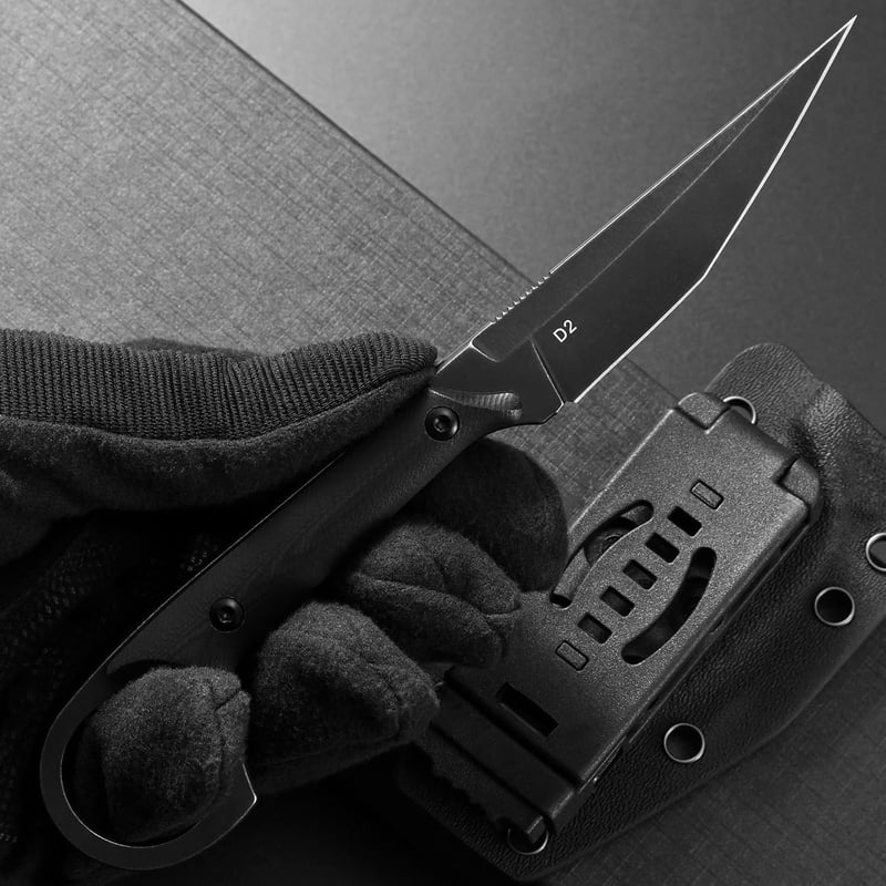 EDC Fixed Blade Knife, D2 Steel, G10 Handle (Black)