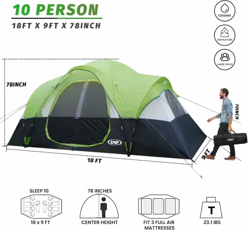 Family Camping Tent for 10, 2 Rooms, Waterproof