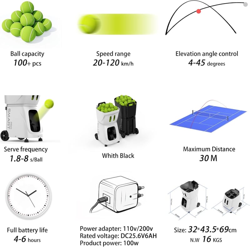 Smart Tennis Ball Machine with App Control, 100+ Ball Capacity