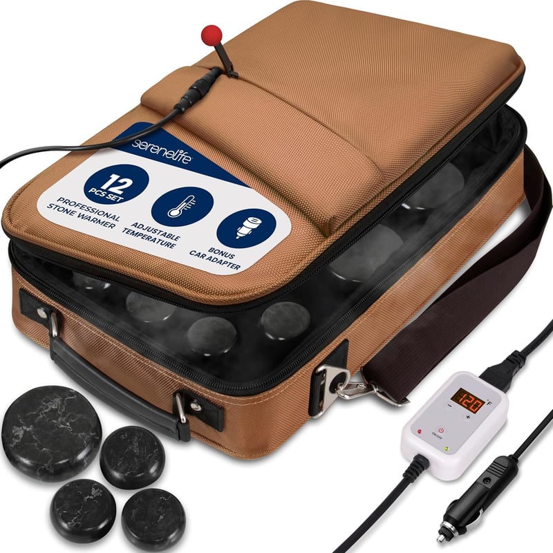 Portable Hot Stone Massage Kit with 12 Basalt Rocks & Heater