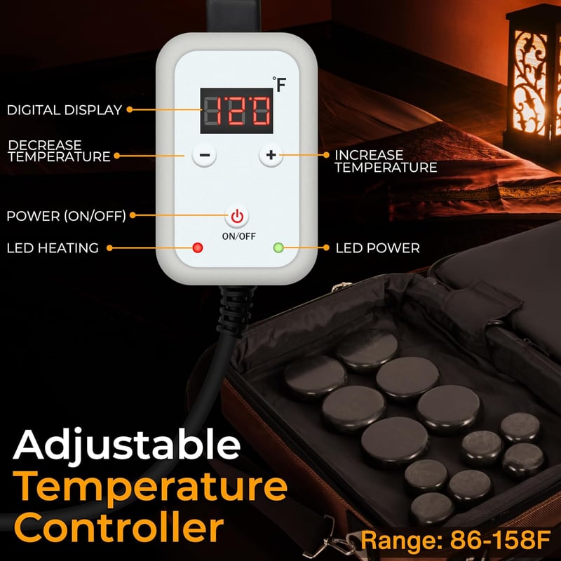 Portable Hot Stone Massage Kit with 12 Basalt Rocks & Heater