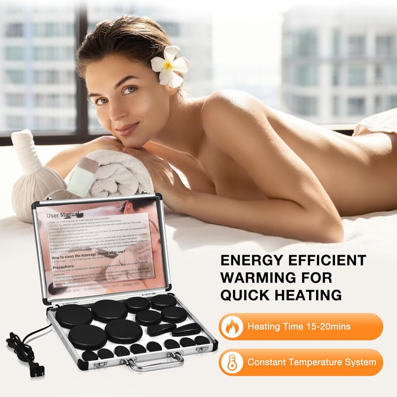 18-Piece Basalt Hot Stone Massage Kit with Heater for Spa Use