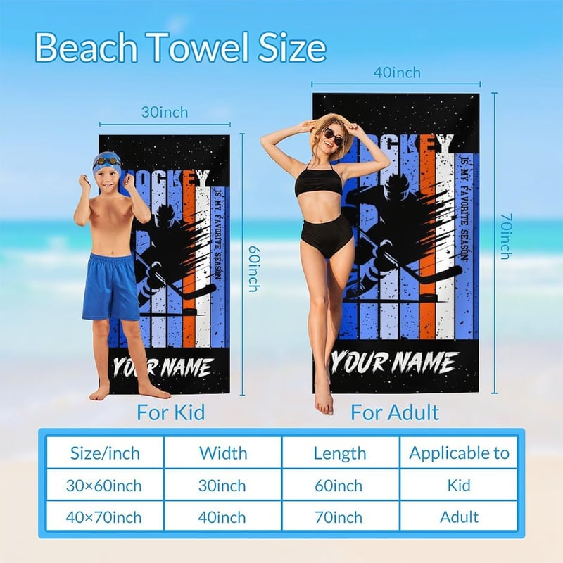 Personalized Hockey Beach Towel, Quick-Dry Microfiber, Custom Name