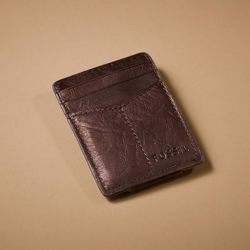 Men's Leather Card Case with Money Clip, Brown