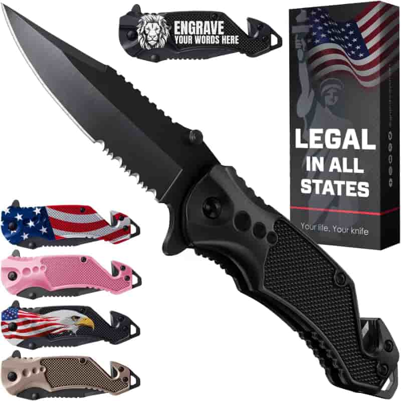 Serrated Folding Knife with Glass Breaker & Belt Cutter - EDC Tool