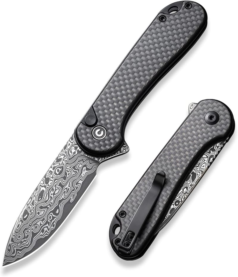Damascus Blade Folding Knife with Clip - EDC Utility, 2.96