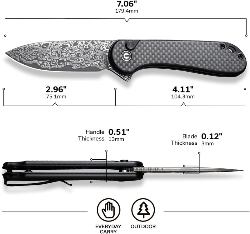 Damascus Blade Folding Knife with Clip - EDC Utility, 2.96