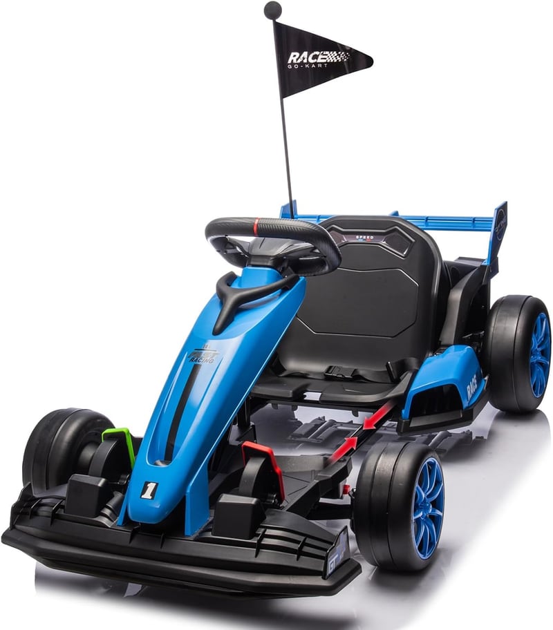 24V Kids' Go Kart, 200W Motors, 7.5 Mph, Adjustable Length, Blue