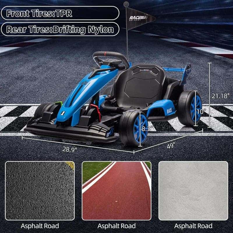24V Kids' Go Kart, 200W Motors, 7.5 Mph, Adjustable Length, Blue