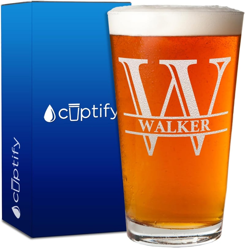 Custom Engraved Monogram Beer Glass – 16 oz Personalized Gift