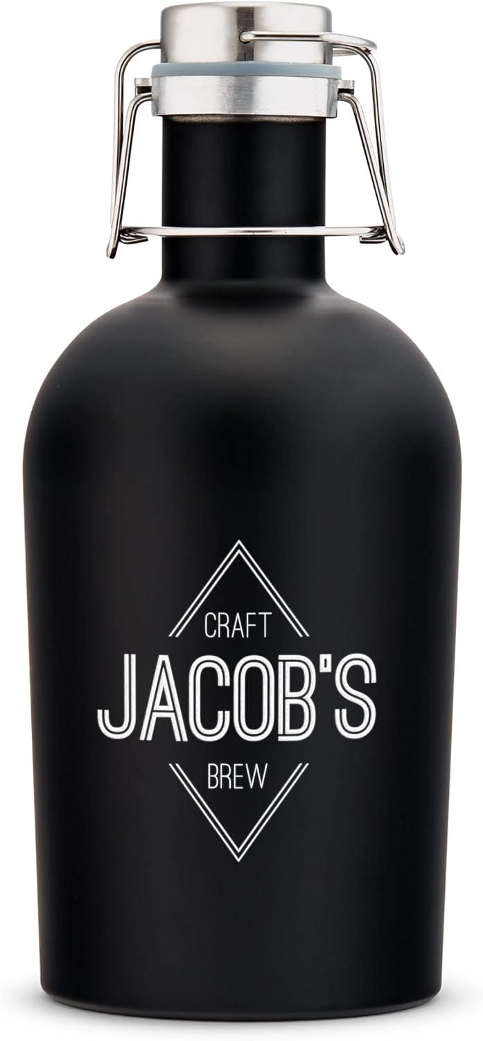 Personalized Black Stainless Steel Beer Growler with Diamond Emblem