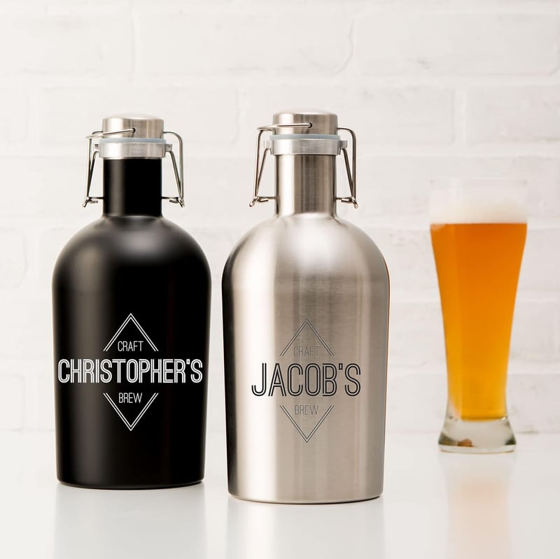 Personalized Black Stainless Steel Beer Growler with Diamond Emblem