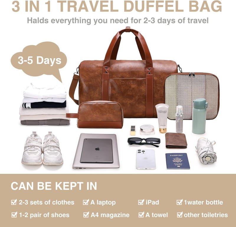 Weekend Travel Set: Faux Leather Duffle with Shoe Compartment
