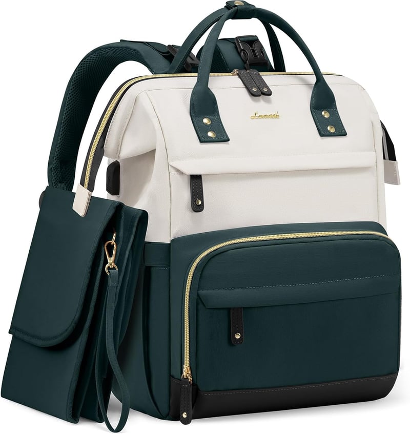 Travel Diaper Bag Backpack with Changing Station, Waterproof, Dark Green-Beige