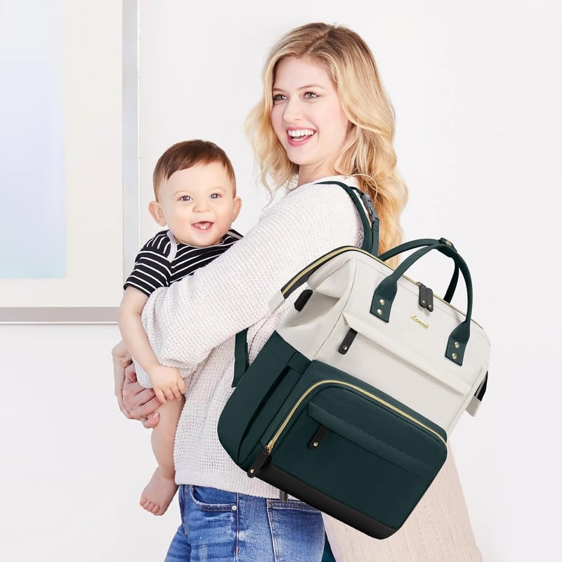 Travel Diaper Bag Backpack with Changing Station, Waterproof, Dark Green-Beige