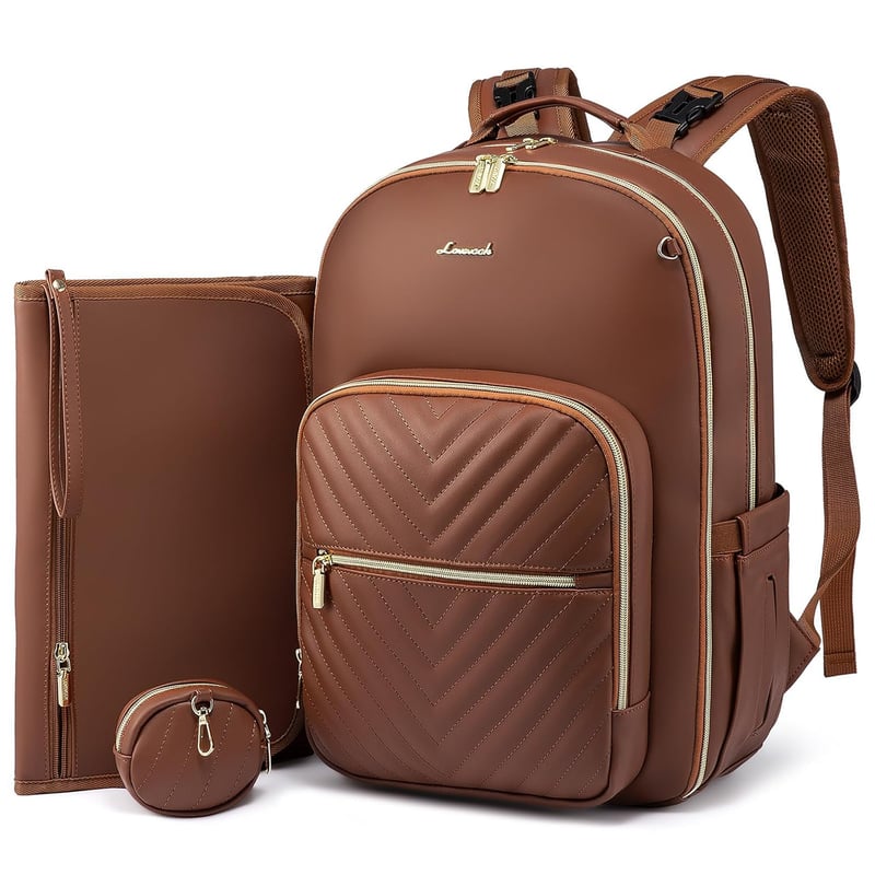 Stylish Leather Diaper Backpack with Changing Pad, Brown
