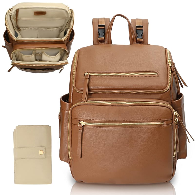 Diaper Bag Backpack with Leather & 17 Organizing Pouches