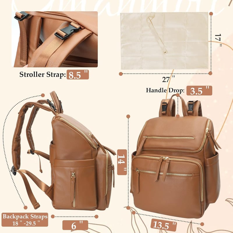 Diaper Bag Backpack with Leather & 17 Organizing Pouches