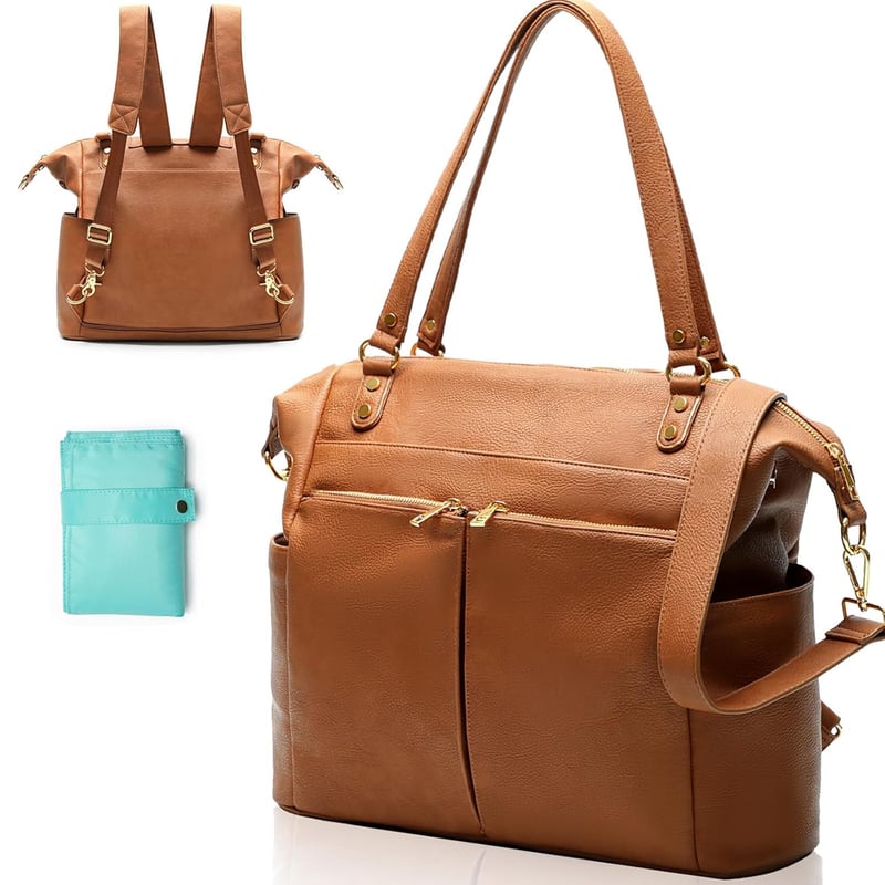 Convertible Leather Diaper Bag with Changing Pad